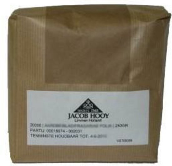 Jacob Hooy 250gr verpakking met wit label met tekst. Minimum houdbaar tot: 4-8-2015.