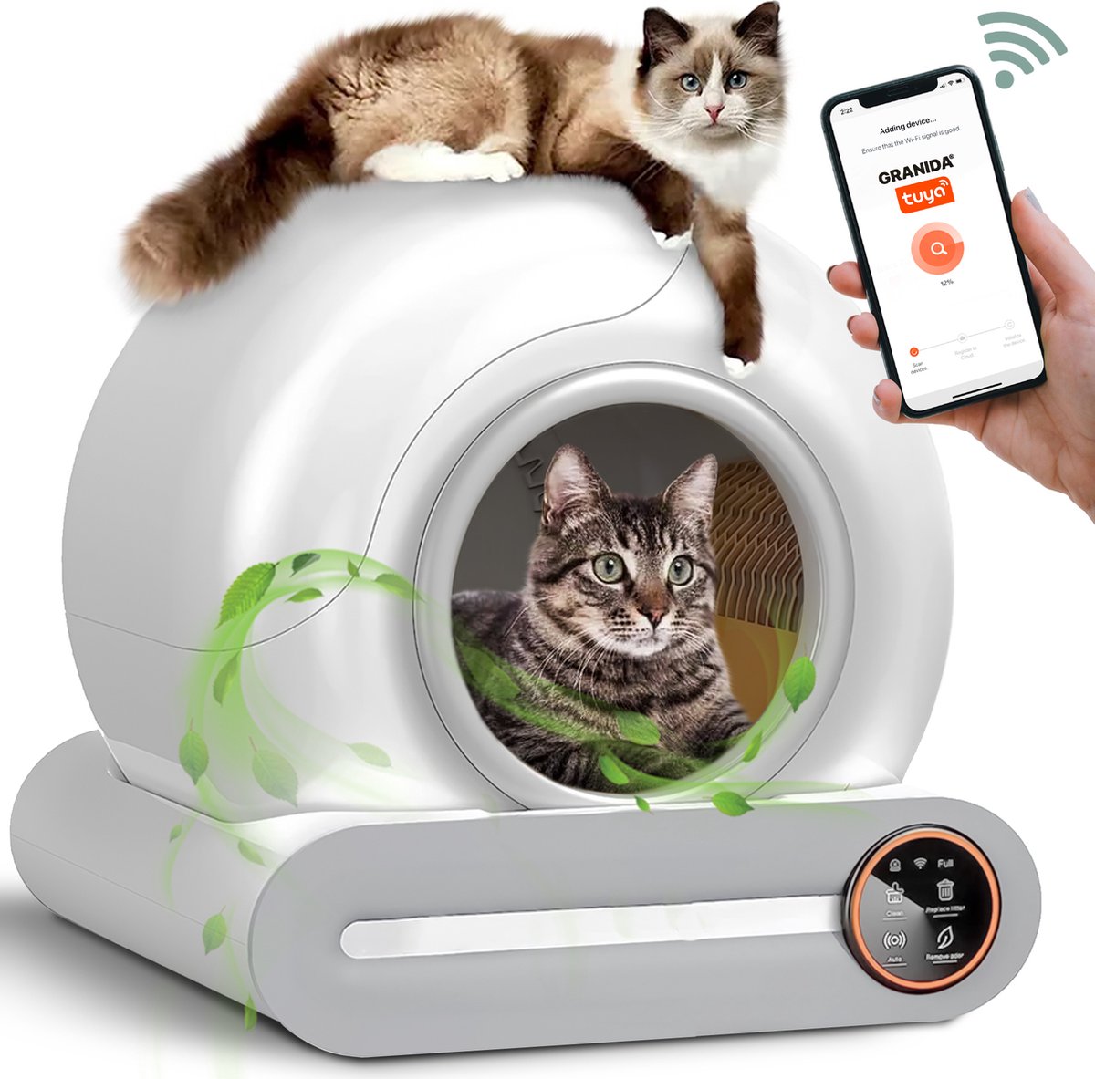 Granida® Zelfreinigende kattenbak - Automatische kattenbak - Inclusief app - 3 rollen van 45 opvangzakken - 65L leefruimte
