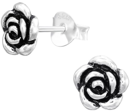 Joy|S - Zilveren Bali roos oorbellen - massief - 7 mm - bloem Bali oorknoppen - geoxideerd