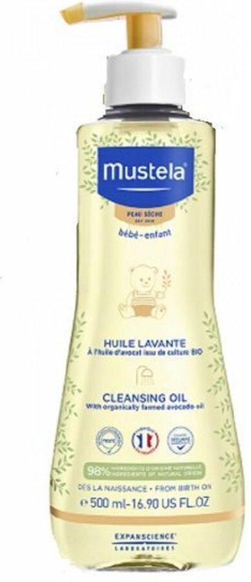 Mustela reinigingsolie voor de droge huid van baby en kind, 500 ml, met biologische avocado-olie.