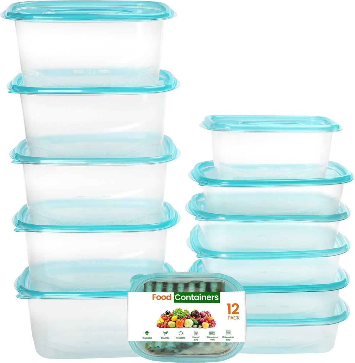 Freshly Contained 12 Stuks Plastic Voedsel Containers - BPA-Vrije Herbruikbare Opslag Dozen Set met Deksels - Luchtdichte Containers voor Keuken, Kelder, Mealprep en Lunches - Magnetron/Diepvries