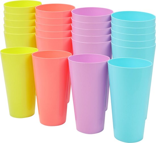 Belle Vous Gekleurde Plastic Bekers (24 Pak) – 600ml – Herbruikbare Drinkbekers in 4 Kleuren – Hard Plastic Drinkwaren Voor Feesten, Camping, BBQ’s, Picknicks & Strand – Vaatwasser Veilig en BPA Vrij