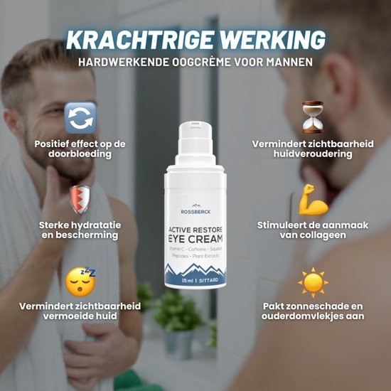 Active Restore Eye Cream - Oogcrème Mannen - Anti Rimpel, Donkere Kringen, Fijne Lijntjes & Wallen - Vitamine C & Cafeïne - 15 ml - Rossberck