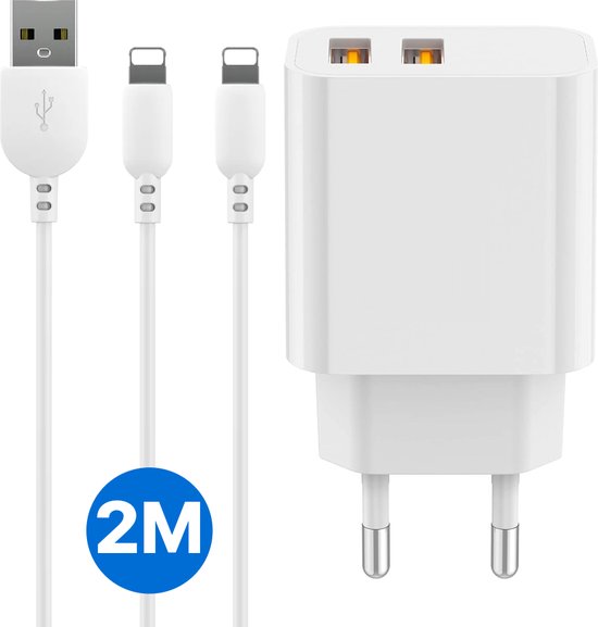 2.4A USB Lader met Dubbele USB Poorten + 2x Originele USB naar 8-PIN Kabels - Geschikt voor iPhone, iPad met Lightning Poort