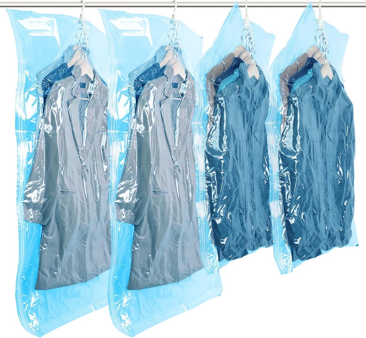 Hangende stofzuigerzakken voor kleding, 4 pakken (2 lang 135x70cm en 2 kort 105x70cm), blauwe vacuümzakkenkleding voor pakken, jassen, jassen, vacuümzakkenkleding