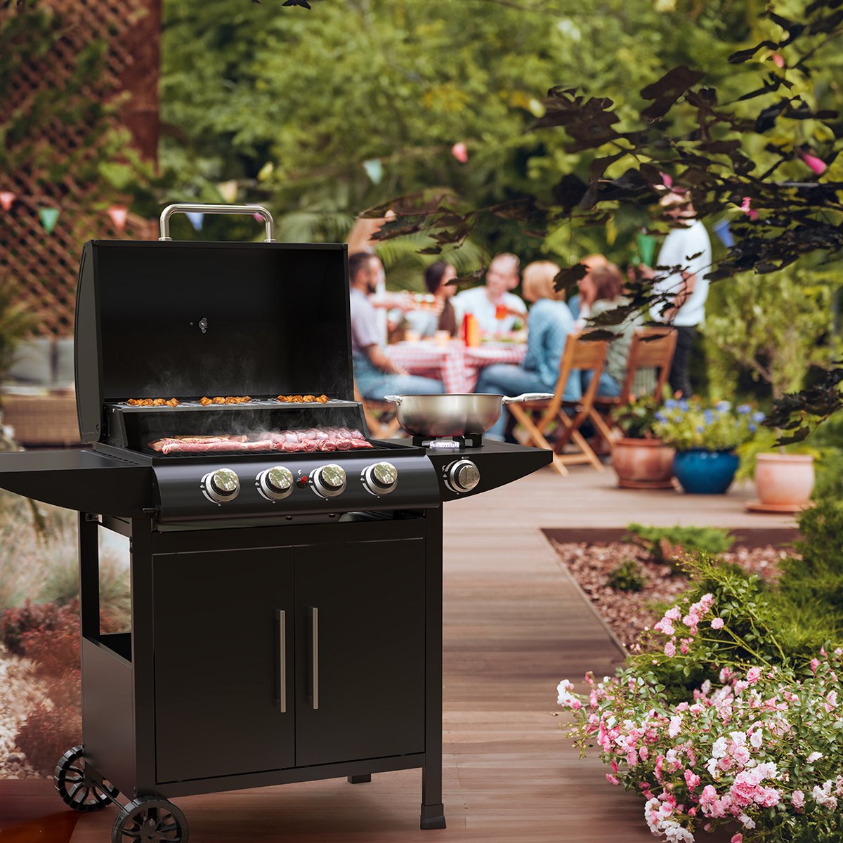 KitchenBrothers Gas BBQ - Gasbarbecue met zijbrander - 5 Branders - PFAS Vrij - Met Gasaansluiting - 42x57cm Grilloppervlak - Extra Opbergruimte - Zwart – foto 8