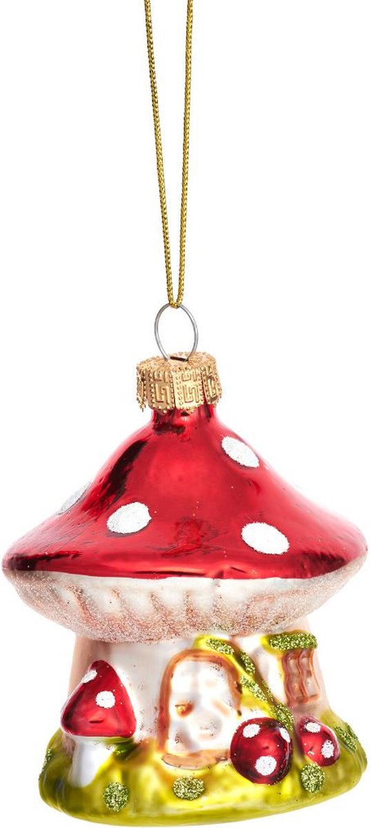 Sass & Belle Paddenstoel kabouterhuisje kerstbal - Sass & Belle Roo/wit/groen