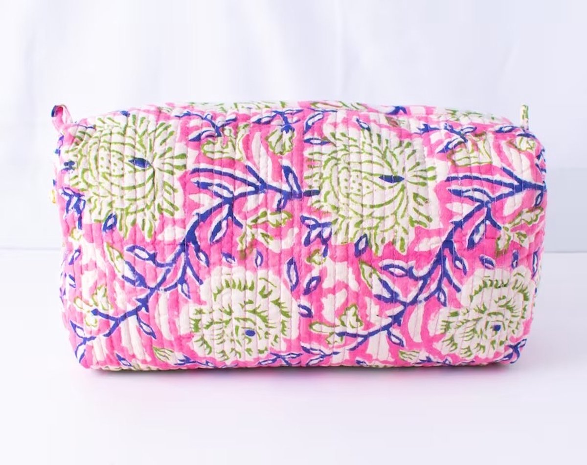 Bambooya toilettas - Bohemian - Ibiza Style - Made in India - Tassel - Roze met groene bloemen - Medium ( 21 x 17 x 9 cm)