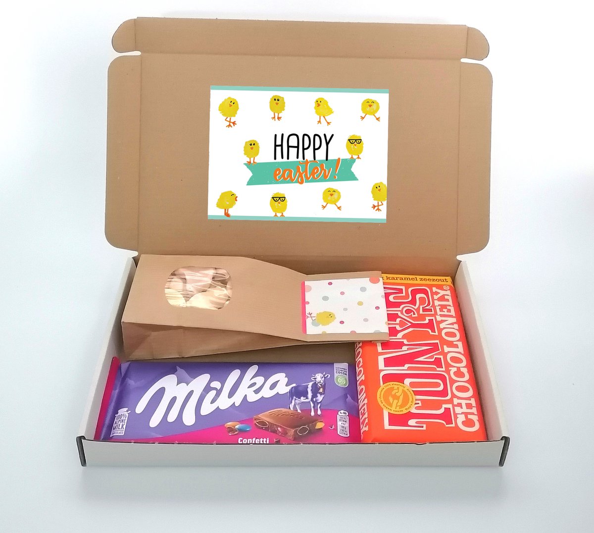 Paasgeschenk door de brievenbus - Happy Easter - Tony chocolonely - Paasschuimpjes - Milka chocolade - Lekker & Zoet
