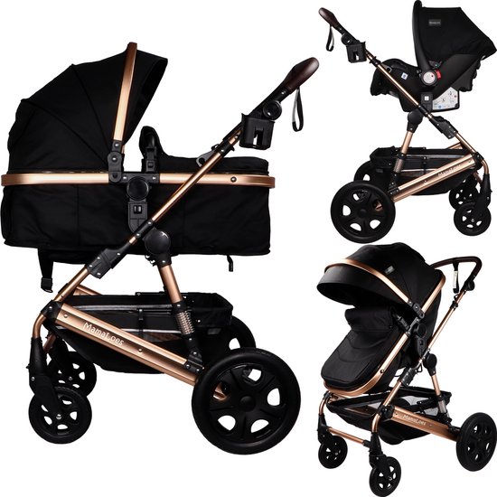 MamaLoes Marly 3 in 1 Kinderwagen Zwart/Rose met Autostoel - Mama Loes - €249,99