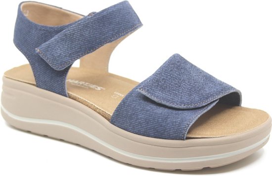 Hartjes, WOOGIE, 132.2002/40 65.00, Jeansblauwe dames sandalen met klittenband sluiting en uitneembaar voetbed