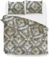 Housse de couette et taies d'oreiller avec motif géométrique vert, beige et noir. Ressemblent à un filet de pêche.