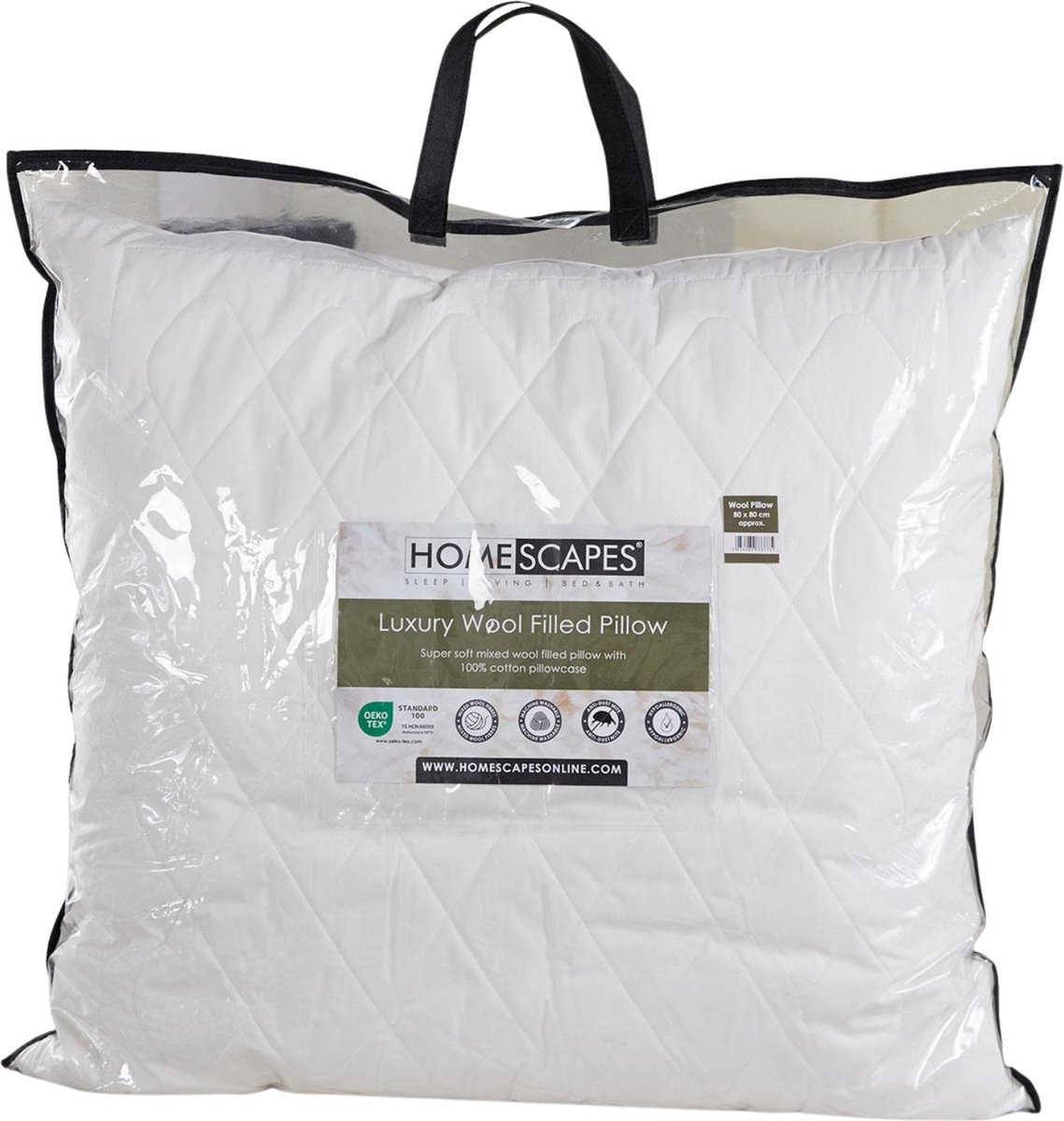 Homescapes Schapenwol hoofdkussen 80x80 cm - medium-zacht kussen met wolvulling & gevoerde hoes Creme