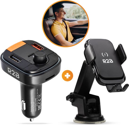 Foto: R2b telefoonhouders auto zuignap met draadloze oplader bluetooth fm transmitter autolader voor raam dashboard en ventilatie autoaccessoires