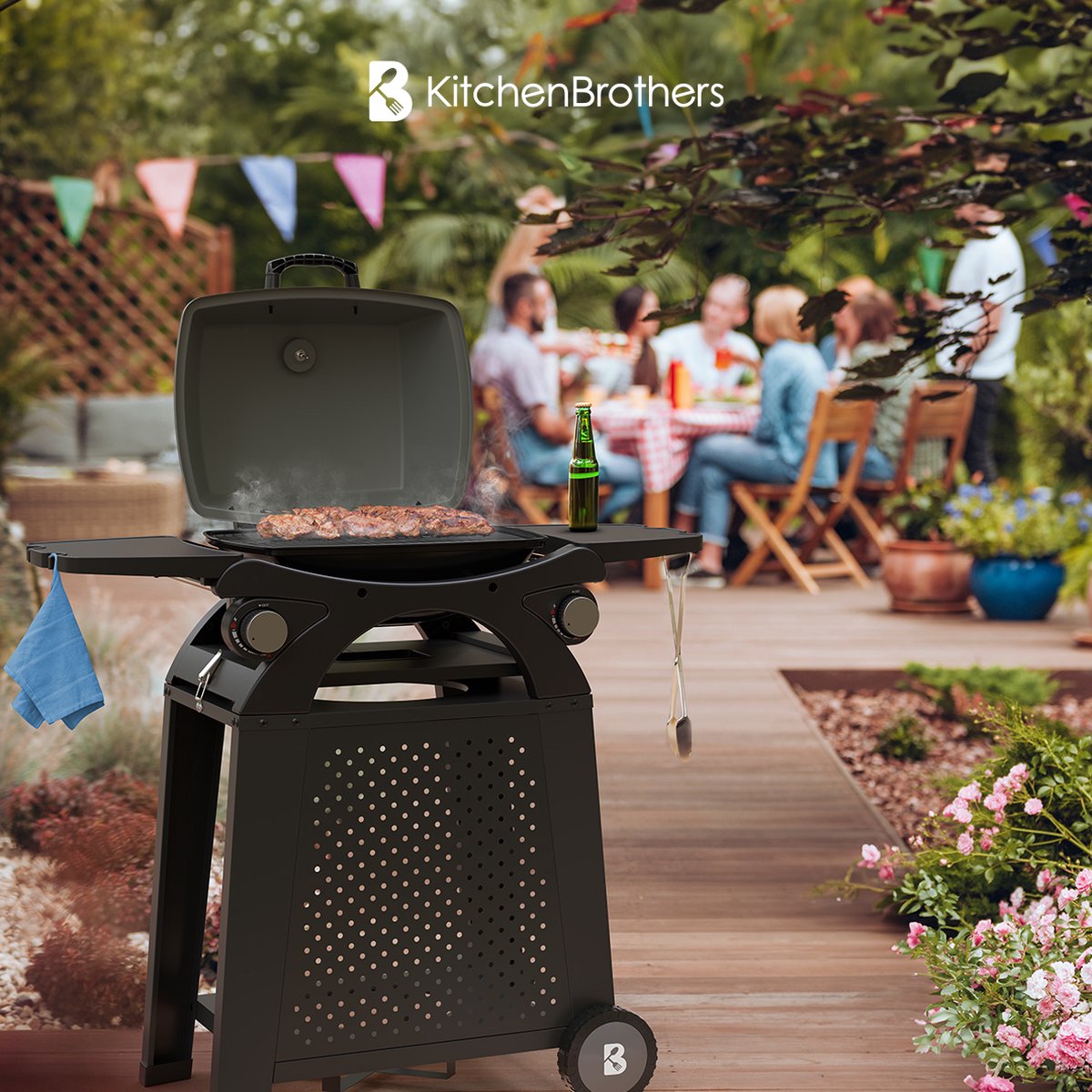 KitchenBrothers Gas BBQ - Staand en Tafelmodel Barbecue - 2 Branders - PFAS Vrij - Tafelbarbecue - Anti-aanbaklaag - 37x48 cm Grilloppervlak - Zwart – foto 2