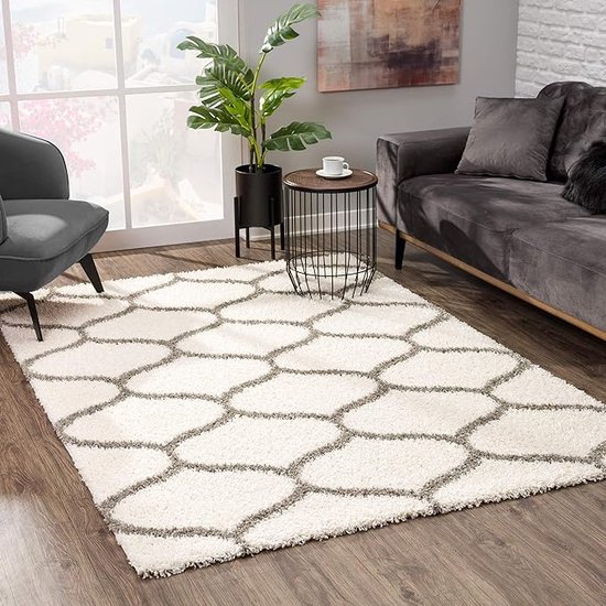 SANAT Madrid Shaggy tapijt, hoogpolige tapijten voor woonkamer, slaapkamer, keuken, Morocco crème, maat: 80x150 cm