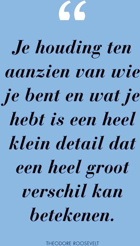 Een citaat op een lichtblauwe achtergrond: "Je houding ten aanzien van wie je bent en wat je hebt is een heel klein detail dat een heel groot verschil kan betekenen."