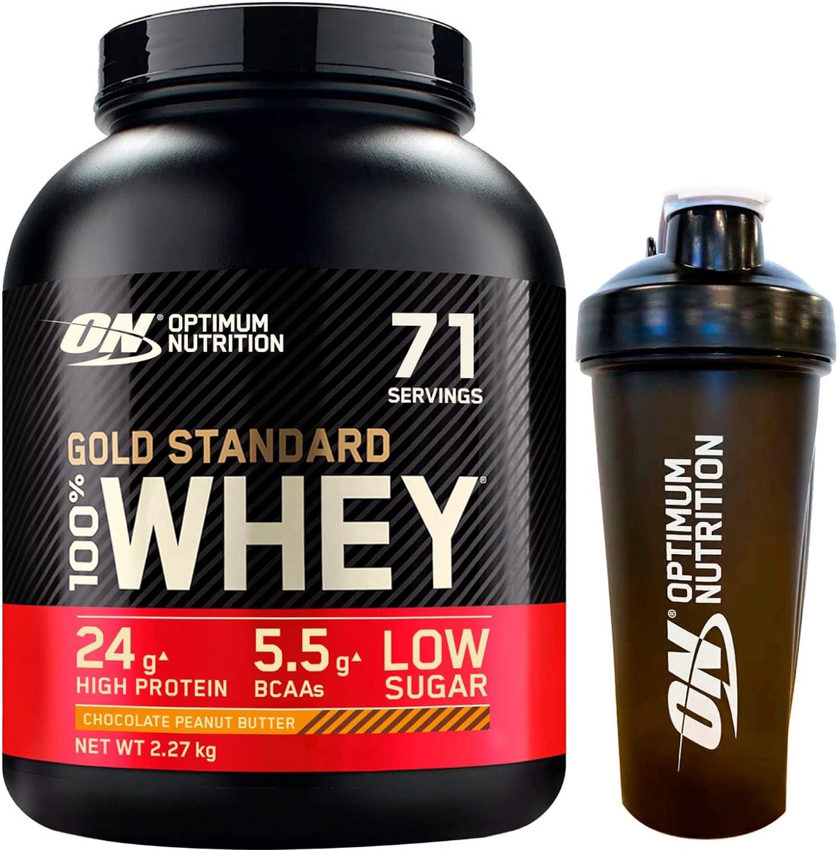 Goedkoopste Optimum Nutrition Gold Standard 100 Whey Protein Bundel – Chocolate Peanut Butter Proteine Poeder ON Shakebeker – 2270 gram (71 servings