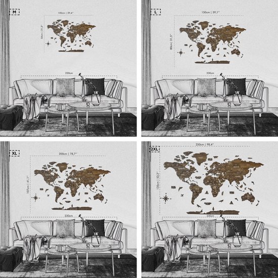 IWA Concept - Wereldkaart 3D en bois - Décoration murale - Wereldkaart - Panneau mural en bois - Accessoires de vêtements pour bébé de bureau - Cadeau de pendaison de crémaillère - Décoration murale - Medium - 100x54 CM