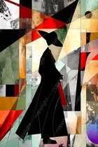 JJ-Art (Glas) 60x40 | Man met hoed en jas, kubisme, abstract, kunst | mens, ,bruin, groen, rood, grijs, modern | Foto-schilderij-glasschilderij-acrylglas-acrylaat-wanddecoratie