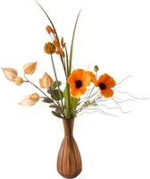 WinQ -Veldboeket - Zijden bloemen compleet in Oranje/ Creme/ Oker - Inclusief Glasvaas- Plukboeket van kunstbloemen – Veldboeket compleet met glasvaas