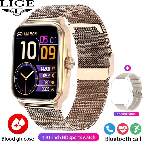 Foto: 2024 bloedsuiker smart watch niet invasieve bloedglucose hartslag gezondheid monitor pijnloos meten sport smartwatch insuline meten ai technologie rose gold extra witte band