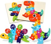 Houten Puzzels, 2 Stuks 3D Dierenpuzzel Speelgoed Baby's Games, Sorteer speelgoed, Vormnummerpuzzel, Houten Legpuzzels voor Peuters,cadeau educatief speelgoed voor kinderen van 1-3 jaar (Dinosaur)