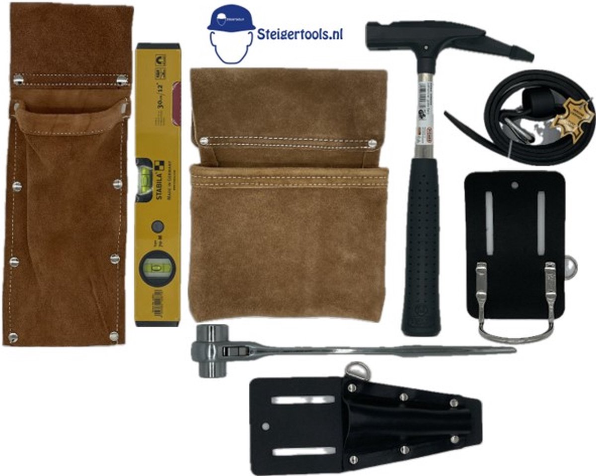 Complete Steigerbouwset / Steigerriem / Gereedschapsriem met spietas, Stabila magnetische blokwaterpas, Picard steigerhamer 600gr., werfpuntratel 19 x 22 mm en houders