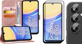 Hoesje geschikt voor Samsung Galaxy A15 - Screenprotector Volledig Dekkend Glas & Camera - Portemonnee Book Case Rosegoud