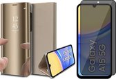 Hoesje geschikt voor Samsung Galaxy A15 - Privacy Screenprotector Volledig Dekkend Glas - Spiegel Book Case Goud