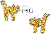 Joy|S - Zilveren kat poes oorbellen - 10 x 11 mm - oker geel met geel kristal - oorknoppen - kinderoorbellen