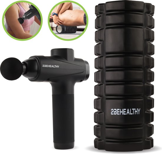 2BEHEALTHY® Massage Gun Professioneel + Foam Roller - Incl. 6 Opzetstukken en 30 Massagestanden - 8 Uur Batterij - Sport en Relax Massage Pistool - Massageapparaat - Zwart