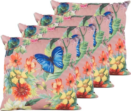 Anna's Collection Sierkussen voor binnen en buiten - 4x - vlinder - oud roze - 45 x 45 cm - tuinkussen