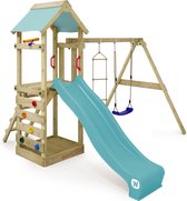 WICKEY speeltoestel klimtoestel FreeFlyer met schommel en pastelblauwe glijbaan, outdoor speeltoestel voor kinderen met zandbak, ladder en speelaccessoires voor de tuin