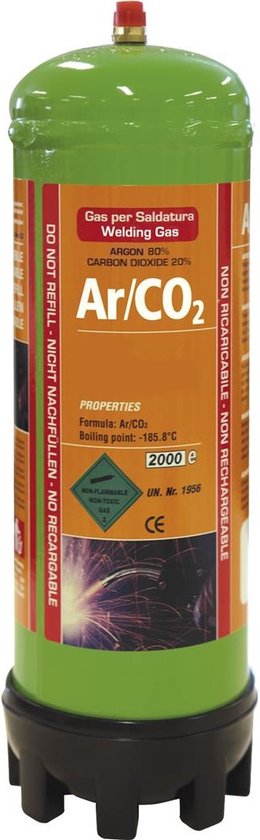 Lichtgroene gasfles van 1,8 liter voor lassen, met "Ar/CO2 Welding Gas" label. Bevat Argon 80% en CO2 20%. Niet hervulbaar.