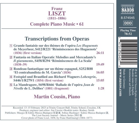 Franz Liszt: Complete Piano Music • 61 Transcriptions from Operas. Met Martin Cousin, Piano. Opname van 13-15 februari 2023.