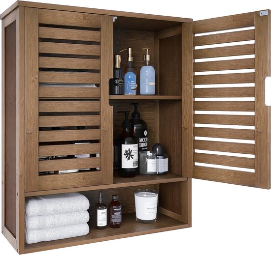 HOMCOM Bamboe Wastafelonderkast - Badkamerkast Met Schuifdeuren En Open Rek, 60x30x60 Cm
