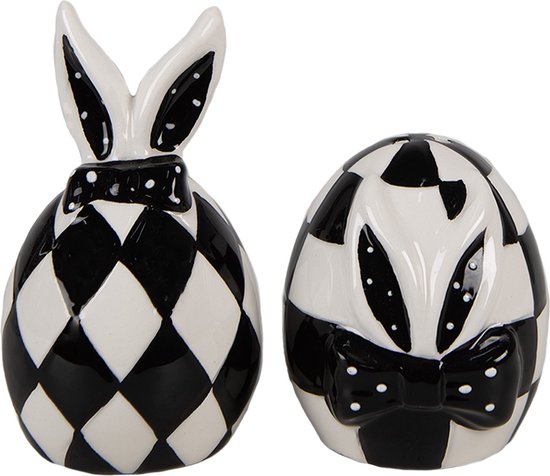 Clayre & Eef Salière et Poivrière Set de 2 Oeufs Ø 5x9 cm/ Ø 5x7 cm Lapin Ovale Céramique Wit Zwart