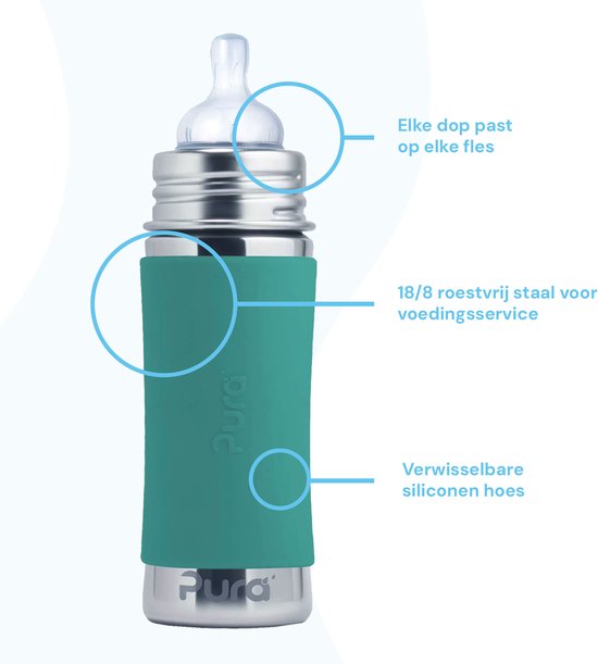 Pura Speenfles 325 ml - Plasticvrij - Drinkfles - Voorkomt Maagkrampen - Vaatwasserbestendig - Inclusief Siliconen Speen, Reisdop en Sleeve - Top is Verwisselbaar - Veelzijdig - Mint van Merkloos — afbeelding 4