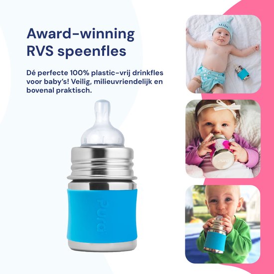 Pura Speenfles 150 ml - Plasticvrij - Drinkfles - Voorkomt Maagkrampen - Vaatwasserbestendig - Inclusief Siliconen Speen, Reisdop en Sleeve - Top is Verwisselbaar - Veelzijdig - Aqua van Merkloos — afbeelding 2