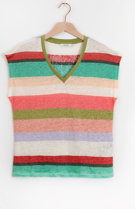 Sissy-Boy - Multicolour gestreept linnen T-shirt met V-hals