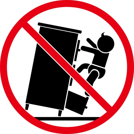 Pictogramme avertissant du risque de basculement de l'armoire par un enfant qui grimpe.