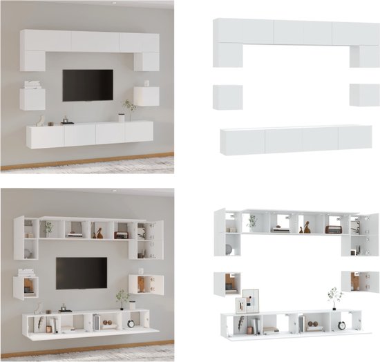 vidaXL 8-delige Tv-meubelset bewerkt hout wit - Tv-kast - Tv-kasten - Tv-meubel - Hifi-meubel