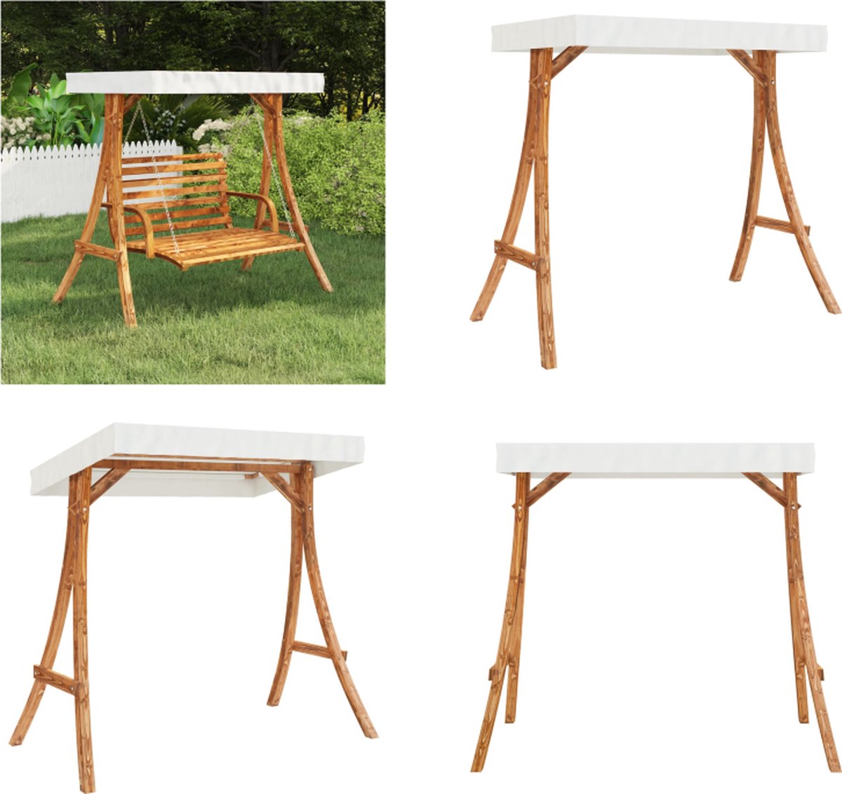 VidaXL Schommelframe met crèmekleur dak gebogen hout met teakafwerking Schommelframe Schommelframes Schommel Frame Schommel Frames
