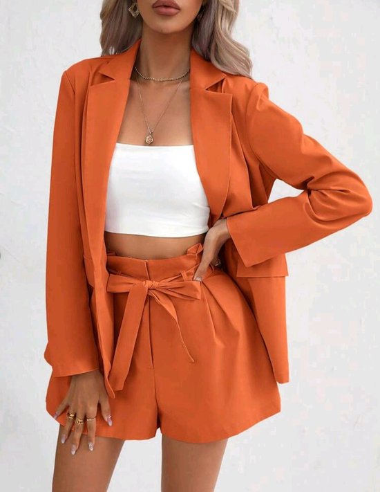 Sexy elegante 2 delige blazer met korte broek set kostuum pak koraal oranje maat L