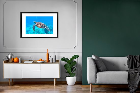 Affiche avec cadre Tortue - Mer - Blauw - 90x60 cm