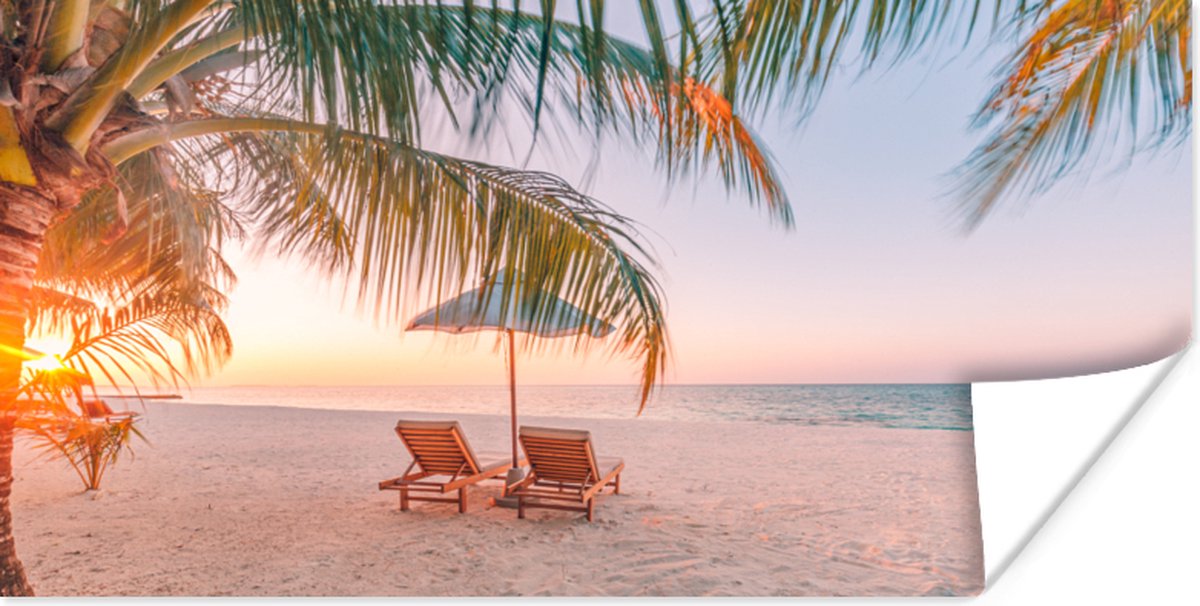 Poster 80x40 cm - Strand - Palmbomen - Parasol - Posters - Kamer decoratie - Wanddecoratie