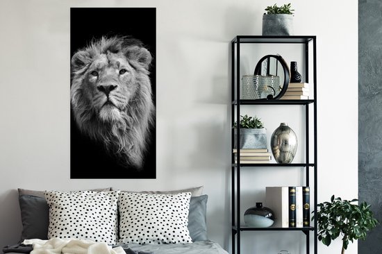 Affiche Lion asiatique sur fond noir en noir et blanc - 60x120 cm