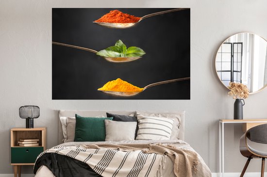 Poster Herbes - Cuillère - Épices - Zwart - Italien - 180x120 cm XXL