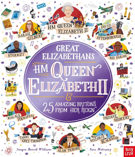 Illustratie met HM Koningin Elizabeth II centraal, omringd door 25 Britse figuren zoals David Attenborough, Malala Yousafzai en Freddie Mercury.